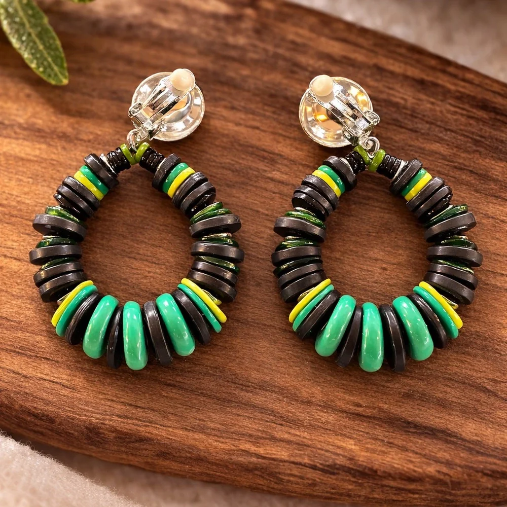 Vintage Boho Disc‎ Bead Clip-On Earrings Green Black Yellow Statement